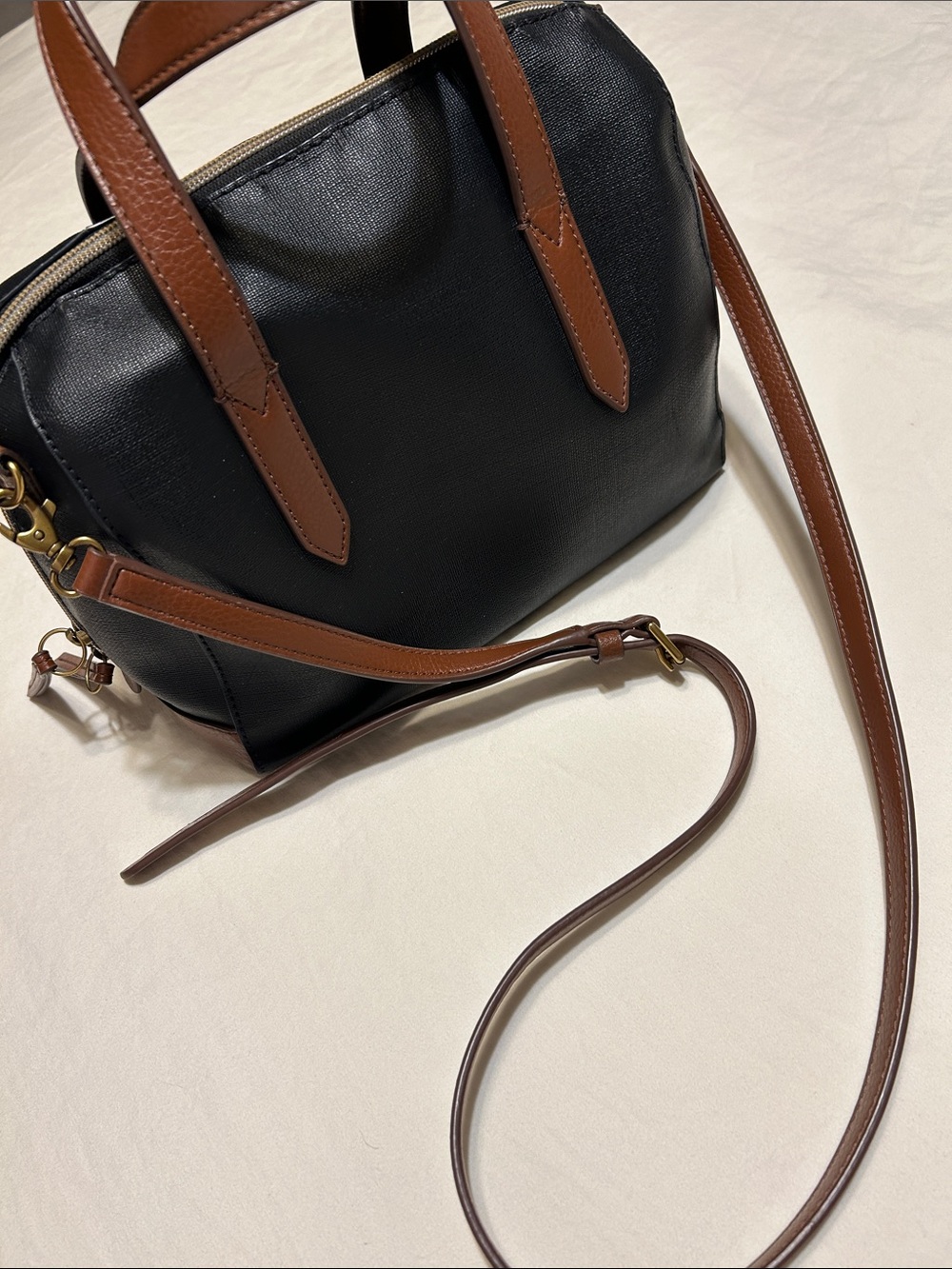 Fossil Black and Brown Leather Crossbody Satchel